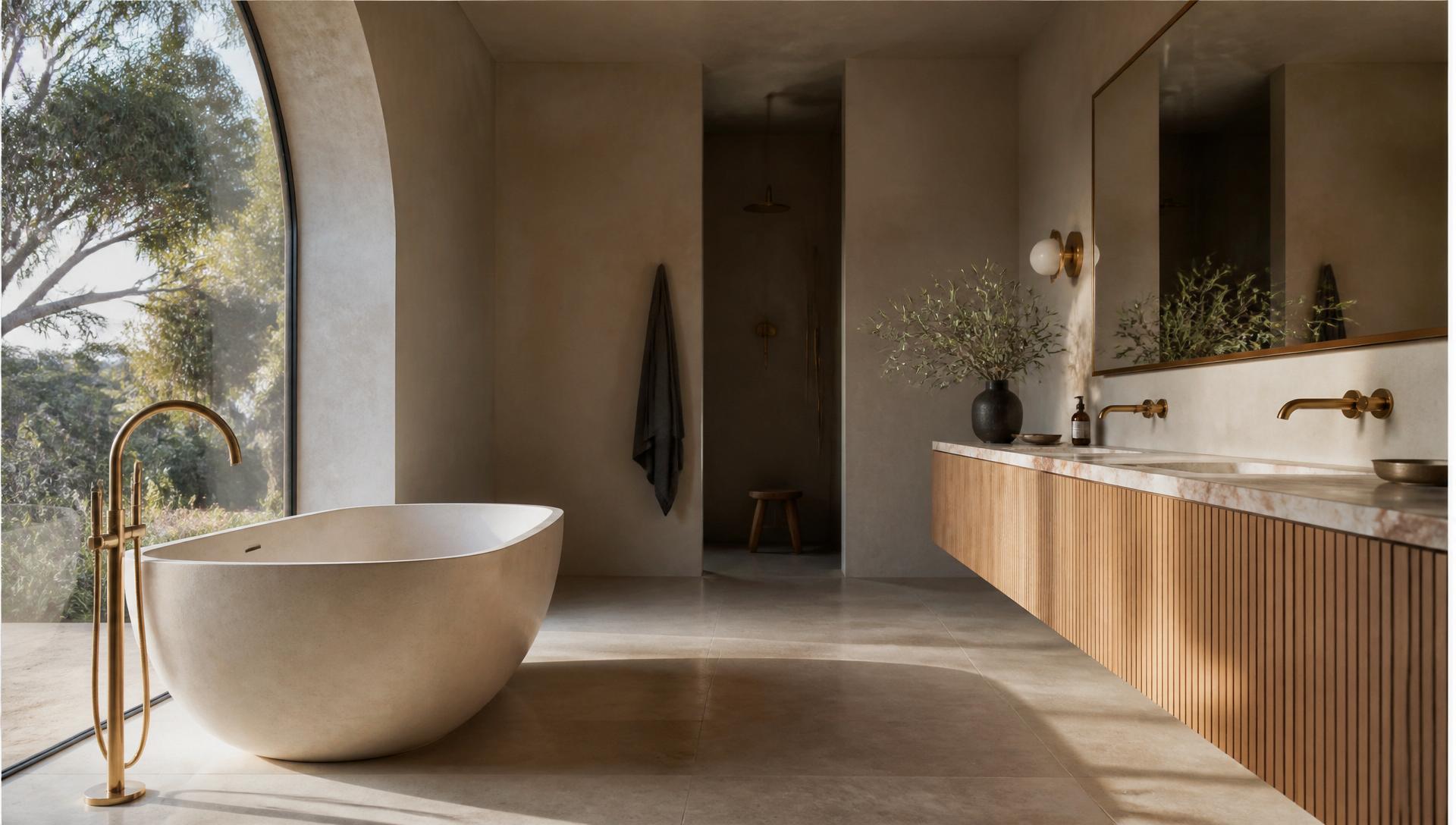 Editorial modern Australian bathroom with stone freestanding bath, brushed brass bath filler and fluted timber vanity