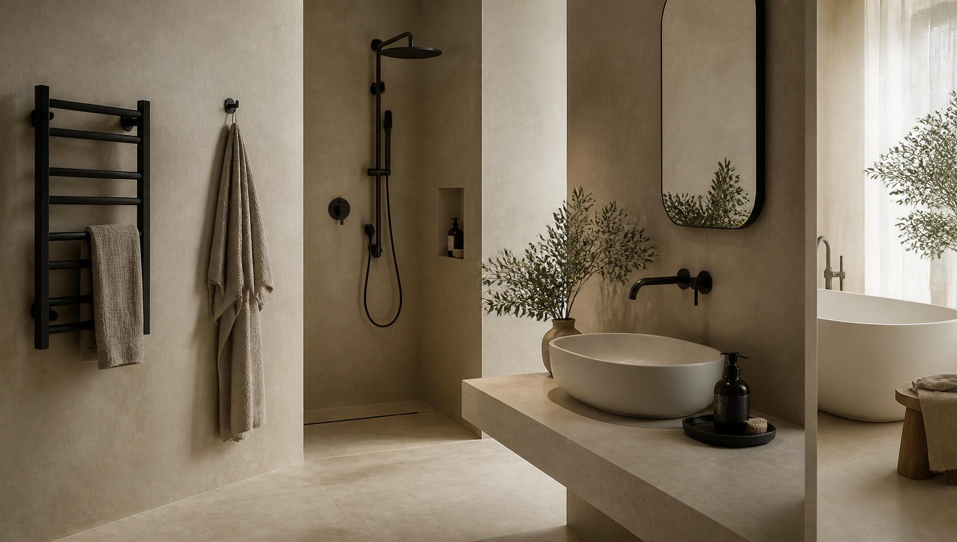 Coordinated bathroom scene with matching matte black tapware, shower and accessories